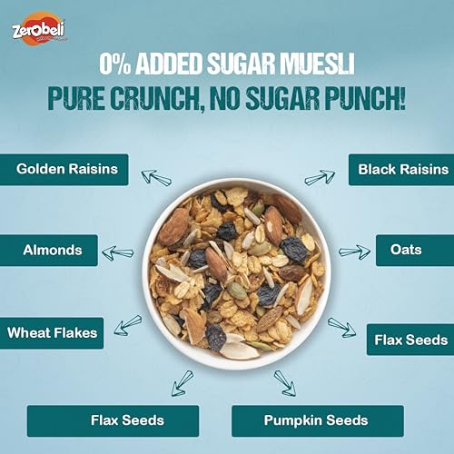 Image of Zerobeli Crunchy 0% Added Sugar Muesli 425g (Pack of 3) | 90% Wholegrains Rich in Flax Seeds, Sunflower Seeds and Raisins | Multigrain Breakfast Cereal | Diabetic Friendly and Helps in Manage Weight
