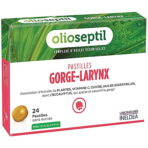 OLIOSEPTIL - Pastilles à Sucer Gorge-Larynx - Apaise et Assainit la Gorge - Sans Sucres Ajoutés - Extraits de Plantes, Vitamine C, Cuivre et Huiles Essentielles - 24 Pastilles – Gout Miel eucalyptus