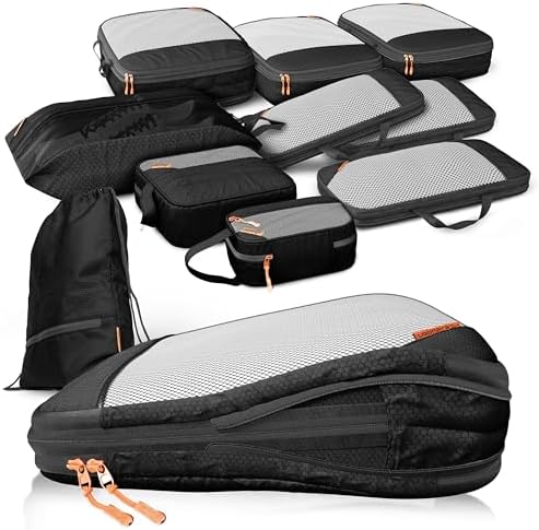 Compression Packing Cubes Set - Packwürfel Koffer Organizer Set Kompression | 80-110l, schwarz, 2x mehr Platz im Koffer & Rucksack, reißfest, wasserfestes Fach, Backpacking, Sights