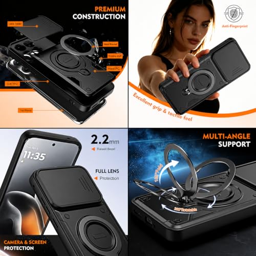 Image of YUWOO Ultimate Armor Case for Motorola G86 Power 5G | 360 Magnetic Pivot Ring Stand | Slide Camera Lens Protector | Military Grade Drop Protection | MagSafe Compatible Mount Case - Black