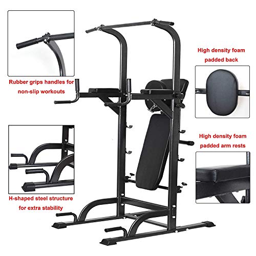 Power Tower Dip Station High Capacity 800lbs w/Weight Sit Up Bench Adjustable Height Heavy Duty Steel Multi-Function Fitness Pull Up Chin Up Tower Equipment for Home Office Gym Dip Stands(White)