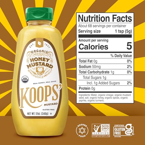 Image of Koops' Organic Honey Mustard - Gourmet Mustard, Gluten-Free, Kosher, Made in USA, From Quality Mustard Seeds, Honey Mustard Sauce - 12 Oz, Pack of 2