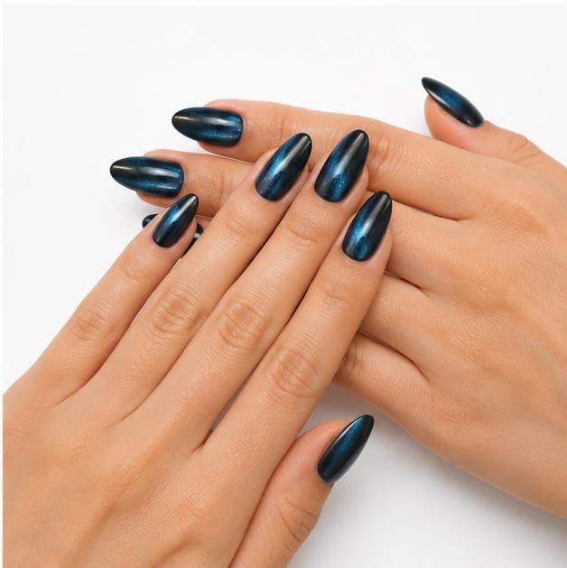 24Pcs Press On Nails for Women | Cat Eye Artificial Nail Extensions with Jelly Glue | Reusable Glossy Fake Nails | Easy Nail Art Kit for Festivals & Special Occasions | Blue