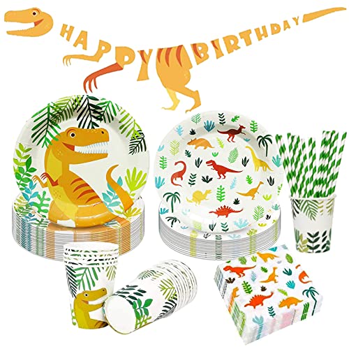 Bymivofun 81 Pcs Dinosaure Anniversaire Vaisselle Ensemble, 16 Invités Papier Dinosaure Fête Fournitures, pour Enfants Thème Fête D'anniversaire Douche...