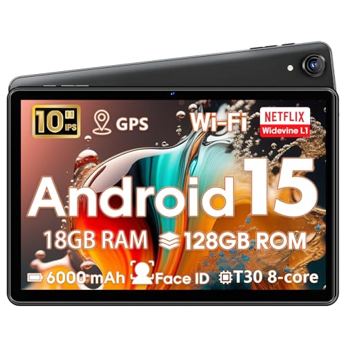 Image of Computer Tablets Android 10 Inch, for Gaming, Work, Study, Black | Android 15, 18(6+12)GB+128GB, 1TB Expand, Widevine L1, Octa-Core, WiFi, BT5.2, 6000mAh, T30 CPU, GPS,Gemini AI, 5MP+8MP