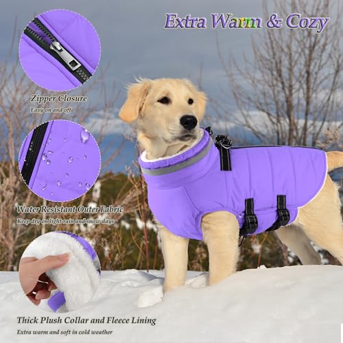 Image of Dogcheer Dog Coat with Harness, Waterproof Dog Jacket Adjustable Winter Coat with Zipper, Christmas Puppy Snow Jacket Fleece Sweater for Small Medium Large Dogs - Taro Purple L