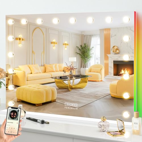 FENCHILIN 32 x 23 Inch RGB LED Vanity Mirror with Light and RGB Backlit Hollywood Lighted Makeup Mirror Smart Touch Control Light Mirror with Memory Function