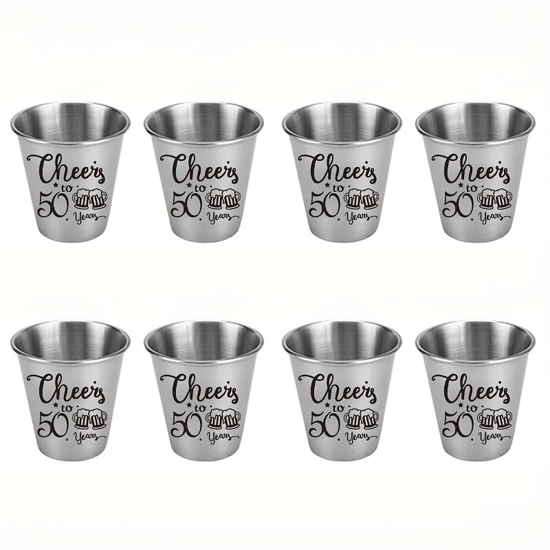 MyGiftHub 8 Pcs Cheers To 50 Years 2oz Stainless Steel Shot Glasses 50th Birthday Party Favors For Guests Anniversary Part...