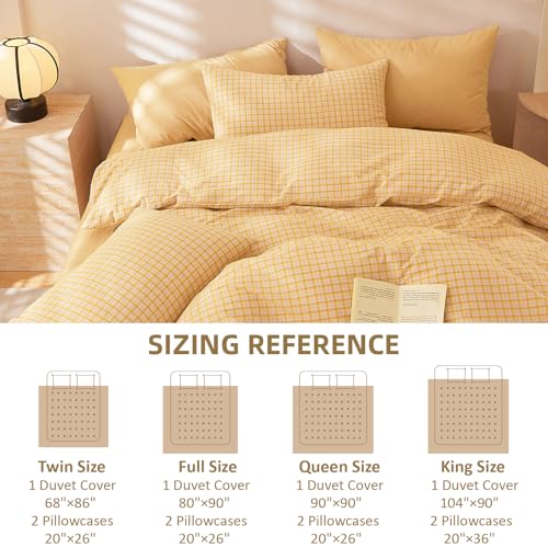 Image of EAVD Yellow Gingham Duvet Cover Twin Size Washed Cotton Bedding Set 3 Pieces Grid Plaid Duvet Cover Set Modern Grid Checkered Bedding Set with 2 Pillowcases Farmhouse Gingham Comforter Cover
