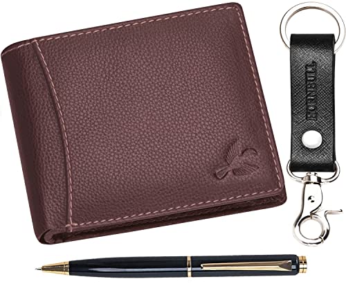 Denial Mens Leather Wallet Combo Gift Set | Leather Wallet, Key Ring & Pen Combo Valentine Gift Hamper | Branded Mens Wallet (Brown Themes)2