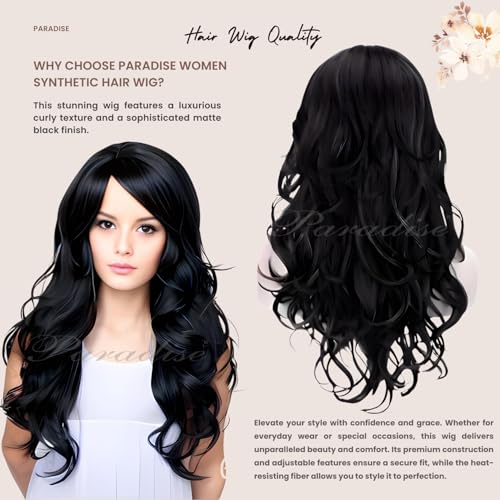 Image of ParadiseHair Wig For Women Full Head Curly Synthetic Womens Wig Long Hair Wig For Women Wigs Natural Hair FREE 2 WIG CAP +CARRY POUCH (Curly Black)