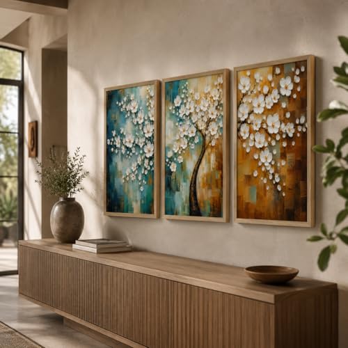 Image of Livin'luxe Set of 3 White Blossom Tree Wall Paintings for Living Room Bedroom Hallway Decor with Premium Wooden Color Synthetic Frame (25.5 x 19.5 Inch) NM03-94