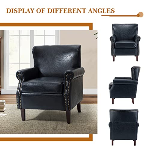 Hulala Home Faux Leather Accent Chair With Rolled Armrests & Nailhead Trim, Comfy Upholstered Living Room Armchair With Removable Cushion, Traditional Single Sofa Chair For Bedroom Office, Navy #TOP2