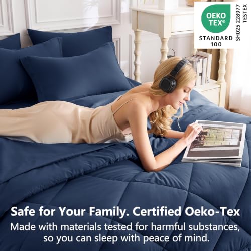 Image of CozyLux Queen Comforter Set Navy Blue - Bed in a Bag Queen Size 7 Pieces, Luxury Soft Bed Set for All Seasons, Bedding Set with Down Alternative Comforter, Sheets, Pillowcases & Shams