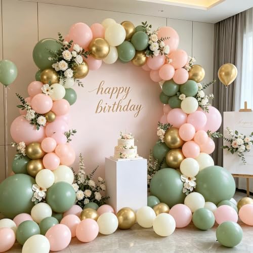 Image of Zesliwy Green Cream White Pink Gold Balloon Arch Kit, Latex, Party Decor