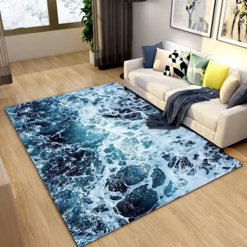 PEIHUODAN Paysage Océanique Bleu 3D Vagues de la Mer Tapis en Flanelle Douce Décoration Murale ou Sol pour Canapé/Salon/Chambre - Idéal Salle de Jeux/Couloir/Tapis...