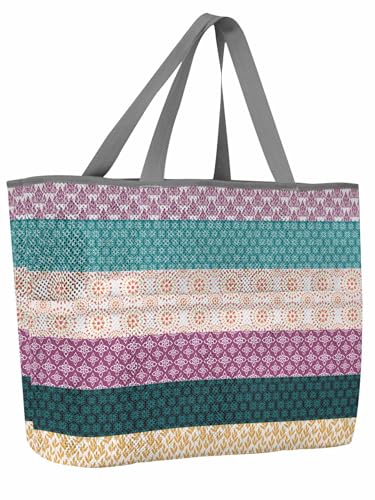 Beach Bags Women Mesh Tote Bag Boho Geometric Floral Stripe Toy Grocery Pool Bag with Pockets for Travel/Picnic/Shower