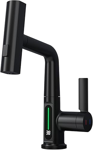 Homili - Grifo digital moderno para lavabo de baño, grifo de lavabo de tocador de una sola manija, grifo negro para encimera con rociador extraíble, disponible en Yaxa Venezuela