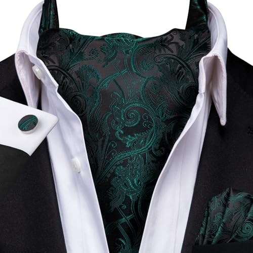 Image of Hi-Tie Silk Ascot for Men Self Tie Men's Cravat and Flower Lapel Pin Handkerchief Cufflinks Set for Wedding Party