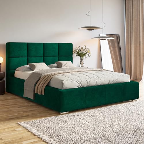 MOTIVENA Luna Bett 200x200 Grün Samt, mit Stauraum, mit Kopfteil, mit Lattenrost, mit Füßen, ohne Matratze, Polsterbett 200x200 mit Bettkasten Grün (Dunkelgrün)