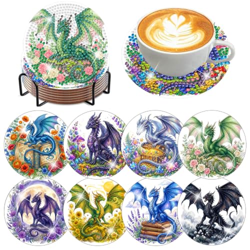 igoodom 8 Pcs Dragon Diamond Art Coasters Kit with Holder, Diamond Coaster