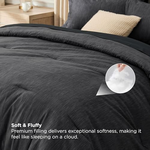 Image of Bedsure King Size Comforter Set Black - Bed in a Bag King Bedding 7 Pieces, Cationic Dyed Bed Set Gift for Family, Black Soft Bedding for All Seasons Comforter with Sheets, Pillowcases & Shams