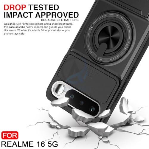 Image of AESTMO Realme 16 5G Back Cover | Armor Camera Slider 360 Degree Rotating Finger Ring Holder Case with Bracket Stand & Camera Protection Back Case Cover for Realme 16 5G (Black)
