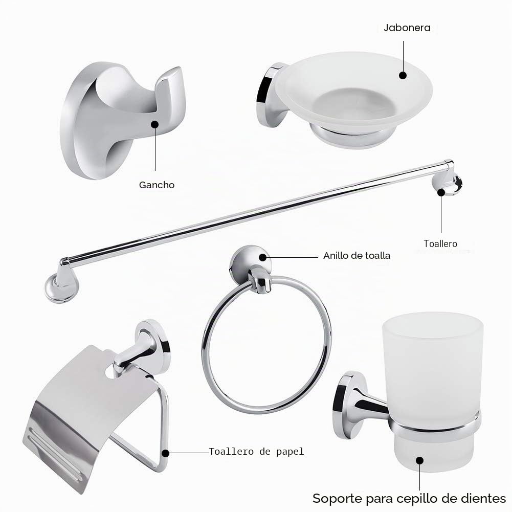 Ejoyous Juego de baño de 6 Piezas: toallero, portarrollos, jabonera, Gancho y portacepillos de Dientes, Zinc Cromado + Vidrio Esmerilado, Moderno, Plateado