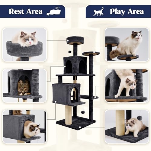 Árbol para gatos 58 in con rascador y juguete gris negro miniatura 3