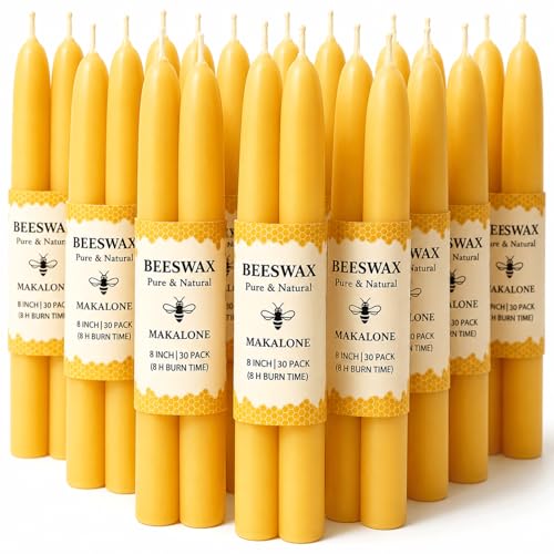 Image of 30 Pack Beeswax Taper Candles Bulk,100% Natural & Non-Toxic,8 Inch for Home | 8 Hours long burning pure bees wax candle,unscented smokeless tapered candlesticks for dinner,wedding,churche,prayer