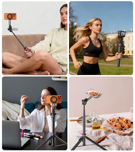 TONEOF 175cm Magnetic Phone Tripod Selfie Stick, Portable Camera Tripod, 360° Rotating Phone Stand, Aluminum Phone Stand with Remote for Phone/Small Cameras, for Selfies/Live/Video Recording-Black Red
