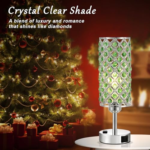 Image of Hong-in Green Crystal Lamp Touch Control Set of 2, Crystal Table Lamps with USB C+A Ports & AC Outlet, 3-Way Dimmable Nightstand Touch Lamp, Modern Bedside Table Lamp for Bedroom(Bulbs Included)