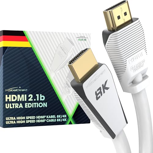 KabelDirekt – Cable HDMI 2.1 8K, edición Gamer certificada – 2m (8K@60Hz, Ultra High Speed/48G para 10K, 8K o ultra rápido 144Hz a 4K, óptimo para PS5/XBO y PC Gaming, Monitor/TV, blanco)