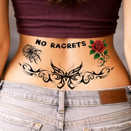 Image of 5 Sheets NO RAGRETS Tattoos Halloween Temporary Tattoos For Men Women Adults White Trash Bash Party Accessories, Redneck Tramp Stamp Fake Barbed Wire Tattoos Spider Skull Sticker Halloween Costume