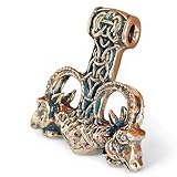 Large Thors Hammer Necklace Bronze - Heavy Odins Viking Mjolnir Pendant with Goats Heads and Runes - Pagan Nordic Norse Mythology Jewelry for Men - Handmade