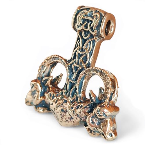 Large Thors Hammer Necklace Bronze - Heavy Odins Viking Mjolnir Pendant with Goats Heads and Runes - Pagan Nordic Norse Mythology Jewelry for Men - Handmade