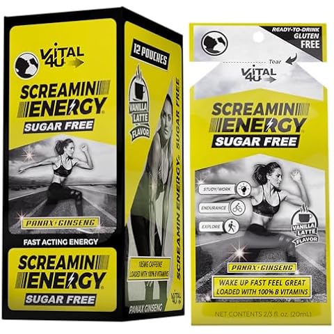 VITAL 4U Screamin Energy® Sugar Free - Maximum Strength Formula with Ginseng, Caffeine, and B Vitamins - Vanilla Latte Flavor, 24 Ct Cover
