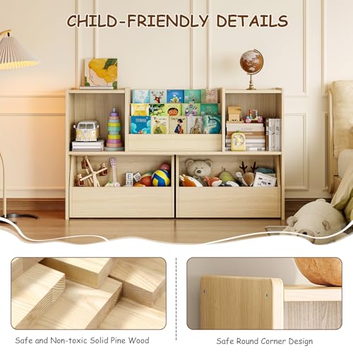 EXPERLAM Solid Wood Kids Bookshelf and Toy Storage Organizer, 3-in-1 Montessori Bookcase with Storage Cubbies and 2 Rolling Toy Bins, Toddler Bookshelf for Kids Room, Playroom, Nursery by EXPERLAM - Used condition - Image 5