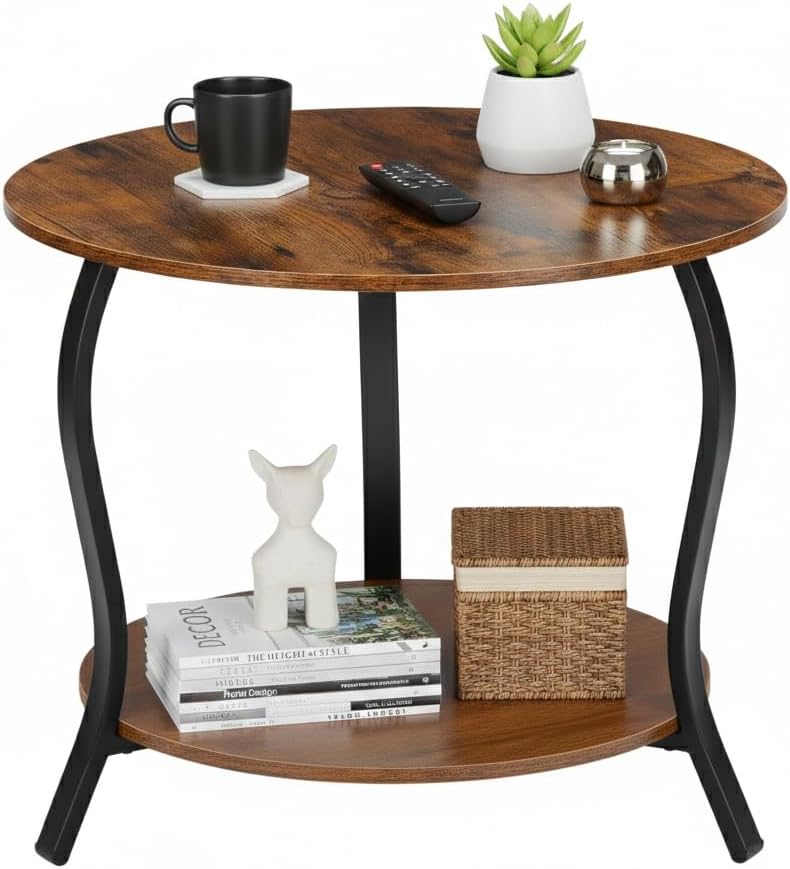 Small Round Coffee Table with Open Storage,23" 2-Tier Coffee Side Tables for Small Space, Accent Center Table Circle Sofa End Table with Wooden Table Top for Living Room Bedroom (Rustic Brown)