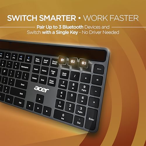 Image of Acer Solaris Solar Powered Bluetooth Keyboard, 109-Key Wireless Keyboard with Super-Capacitor, Multi-Device BT 5.0, Type-C Emergency Charging, 10m Range, for Windows, Mac, Android, Space Grey
