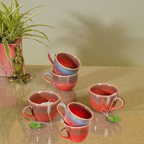 Image of AAKRITI ART CREATIONS Rustic Drip Tea Cups Set of 6 | Ceramic Cup Set | Multipurpose Utility Cups | Modern Art Ceramic Cups, Kitchen Essentials | Glossy Finish, Red Tea Cup Set