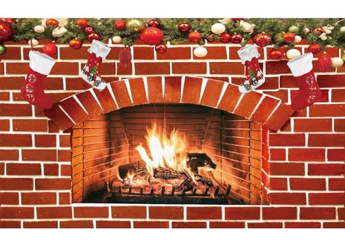 5x3ft Christmas Fireplace Backdrop for Photography Red Brick Wall Fireplace Christmas Sock Gift Background for Xmas Family Party Supplies Photo Props
