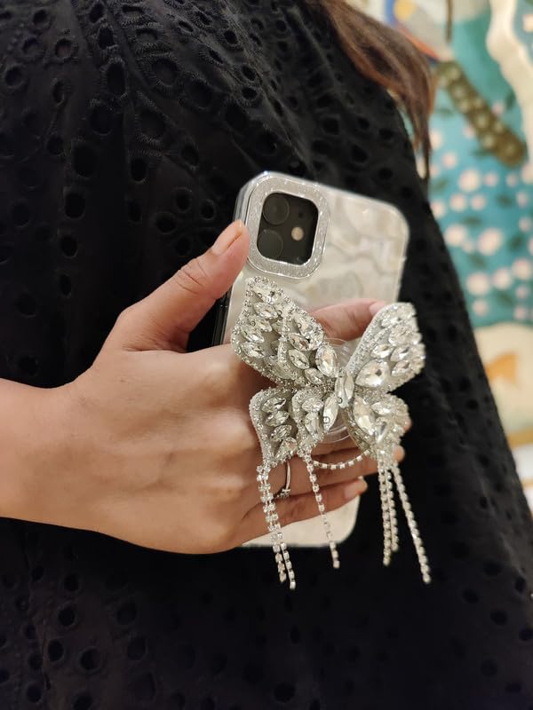 Image of COVERLY for iPhone 12 Pro 3D Butterfly Tassel Diamond Holder Stand Wrinkle Artistic Phone Case, Luxury Rhinestone Glitter Bride Water Ripple Lens Protection Holographic Cover for Apple iPhone 12 Pro