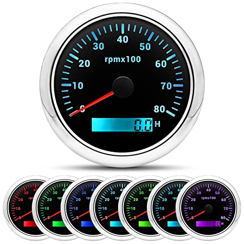ARTILAURA Tachometer Boat Tacometro 85mm 3-3/8" 7 Color LED 8000 RPM Gauge for Car AUTO Marine Truck 9-32V (Black &amp; Silver)