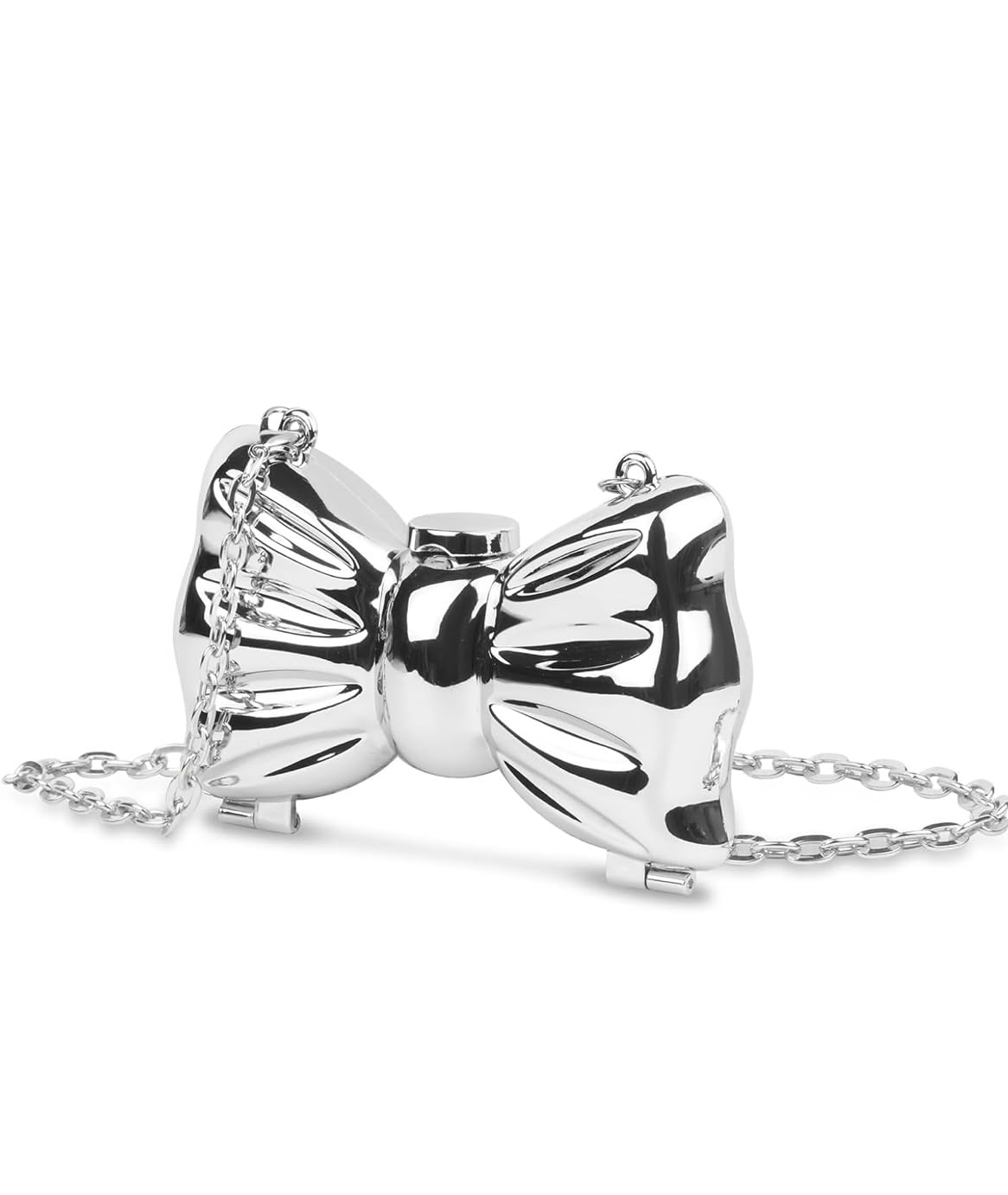 Metallic Bow Shaped Handbag with Chain Strap, Silver Finish, Compact Clutch Design-picture-32