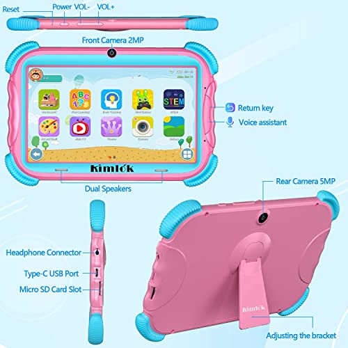 Kimlok Kids Tablet 7 Inch Android 11, 2Gb+32Gb, Wifi, Parental Control App，Dual Camera, Toddler Tablet For Kids With Case Included For Boy And Girl Pink #TOP1