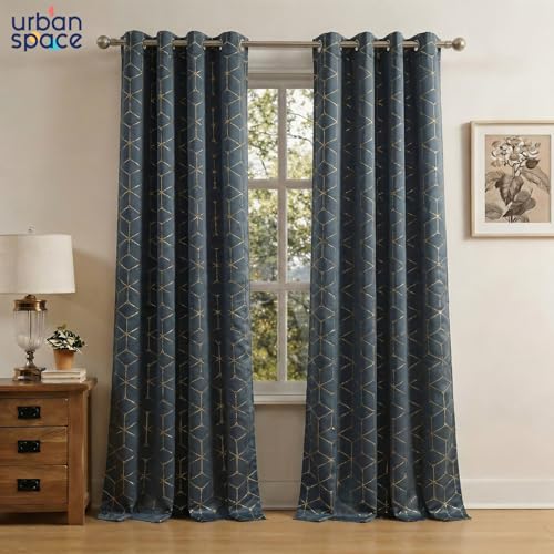 Image of Urban Space 80-85% True Blackout Curtains for Door, Gold Foil Printed Blackout Curtains, Blackout Decorative Door Curtain Eyelet with Tieback, 1 Piece Curtain for Living Room(Hex Stone Grey, 7 Feet)