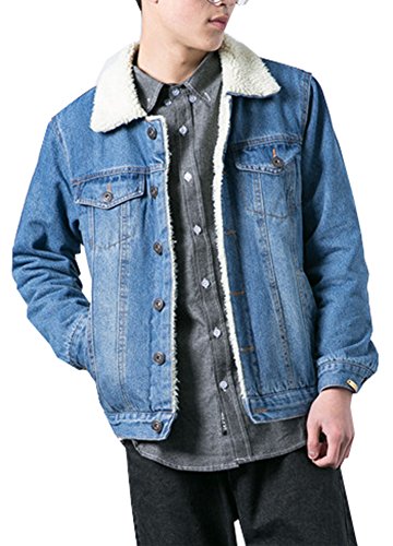 LifeHe Men's Winter Fleece Lined Fur Collar Denim Jacket Coats (Light Blue, M)