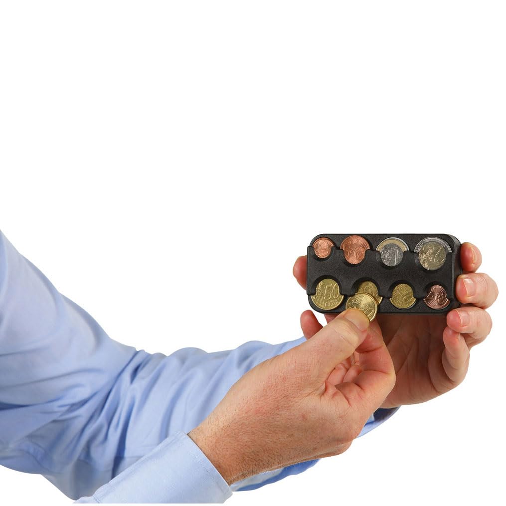 Portamonedas Compacto con clasificador de 8 monedas | Monedero clasificador | Apto para Camarero/a, Taxis, Autobúses, vendedores en Parque de atracciones, Vendedores ambulantes | Plástico | Negro