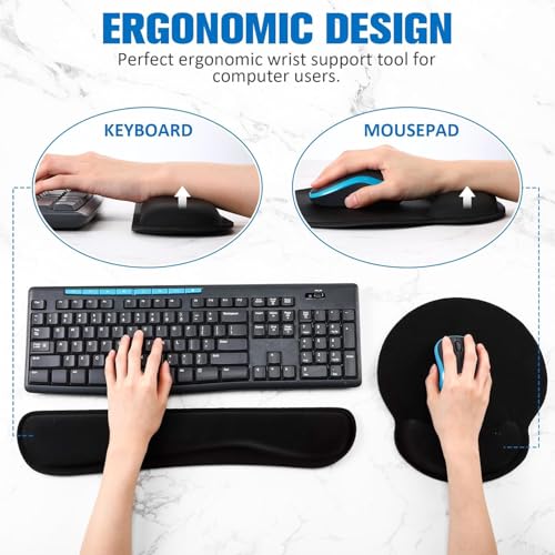 Image of Memory Foam Wrist Rest for Computer Keyboard, Mouse, Ergonomic Design for Typing Pain Relief, Desk Pads Support Hand and Arm, Mousepad Rests, Stain Resistant, 2 Piece Pad, Black